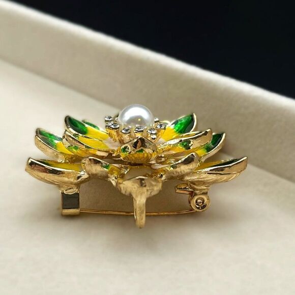 Yellow Gold with Diamond Crystal and Enamel and Pearl Lotus Pin Back Brooch - Picture 6 of 7